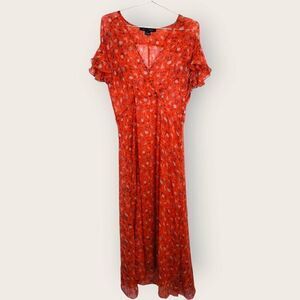 French Connection Midi Sz 12 Sheer‎ Chiffon Tea Flutter Sleeve Dress Pumpkin